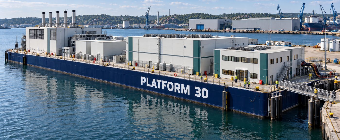 Concept render of the unit in daylight, moored at an industrial quay with cranes and port buildings behind.