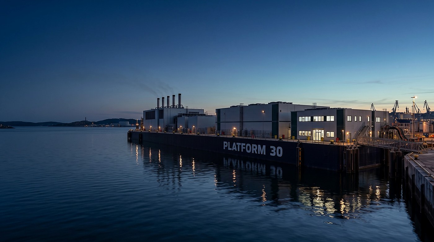 Concept render of the Platform 30 unit at dusk: a navy barge with a lit data hall and a power plant with five exhaust stacks, moored at an industrial quay.
