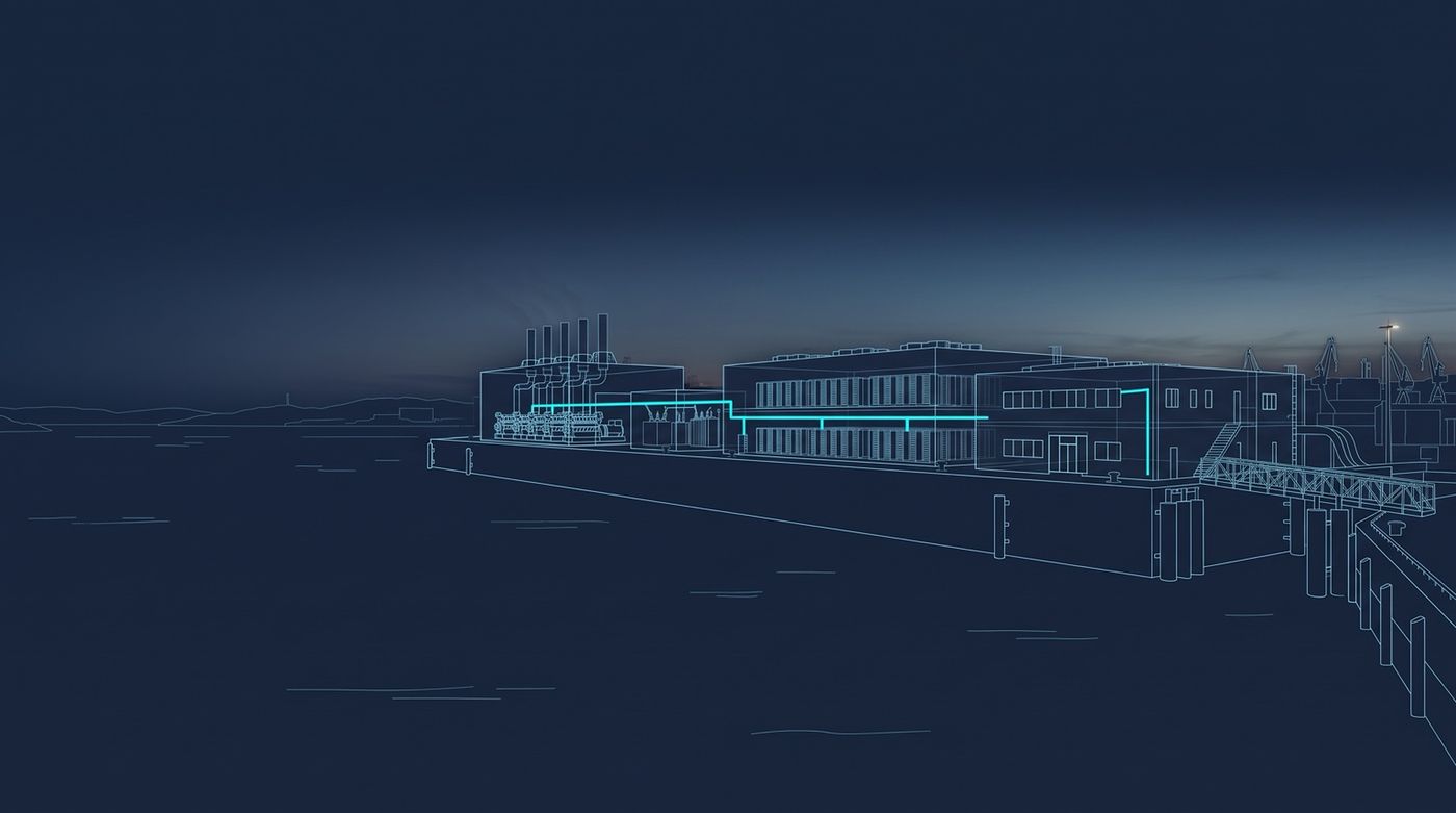 Cutaway line drawing of the same view: gas engines under the stacks, the electrical room, two levels of server racks in the data halls, and the busbar linking power to the halls.