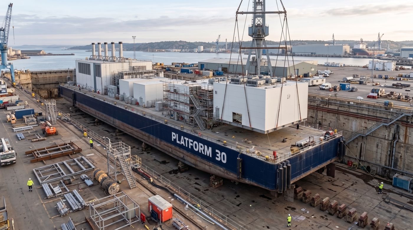 Concept render of the unit under construction in a dry dock: a crane lowers a white data-hall module onto the navy barge.
